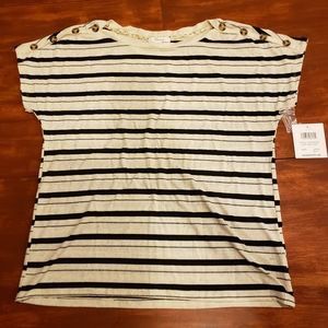 Nwt 89th & Madison womens tshirt size large white w/ black stripes and glitter